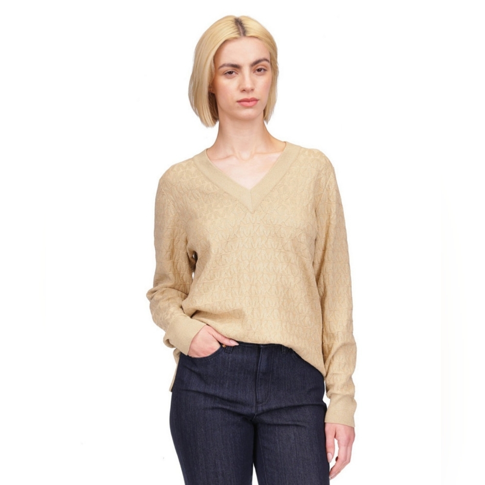 Michael Kors Gold Metallic Logo Women's V-Neck Sweater